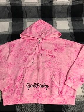 VS PINK IVY FLEECE CAMPUS FULL ZIP HOODIE IN PINK LEOPARD PRINT LOGO MEDIUM